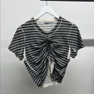 Elegant Grey and White Striped Ruched Cropped Tee